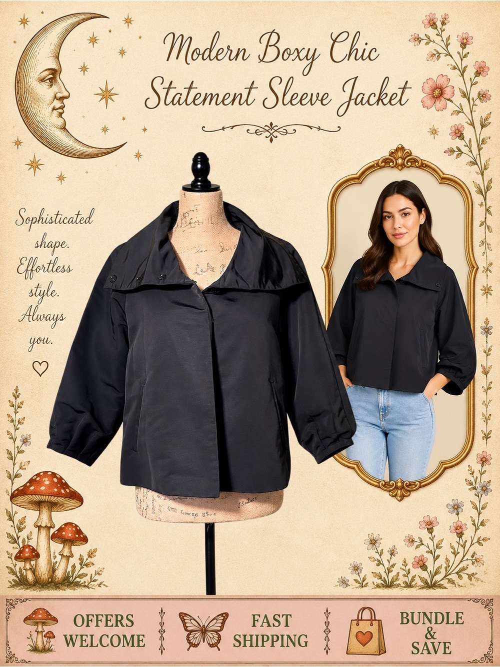 Rafaella Black Cropped Jacket 3/4 Sleeve Career Wear Blazer Size Small